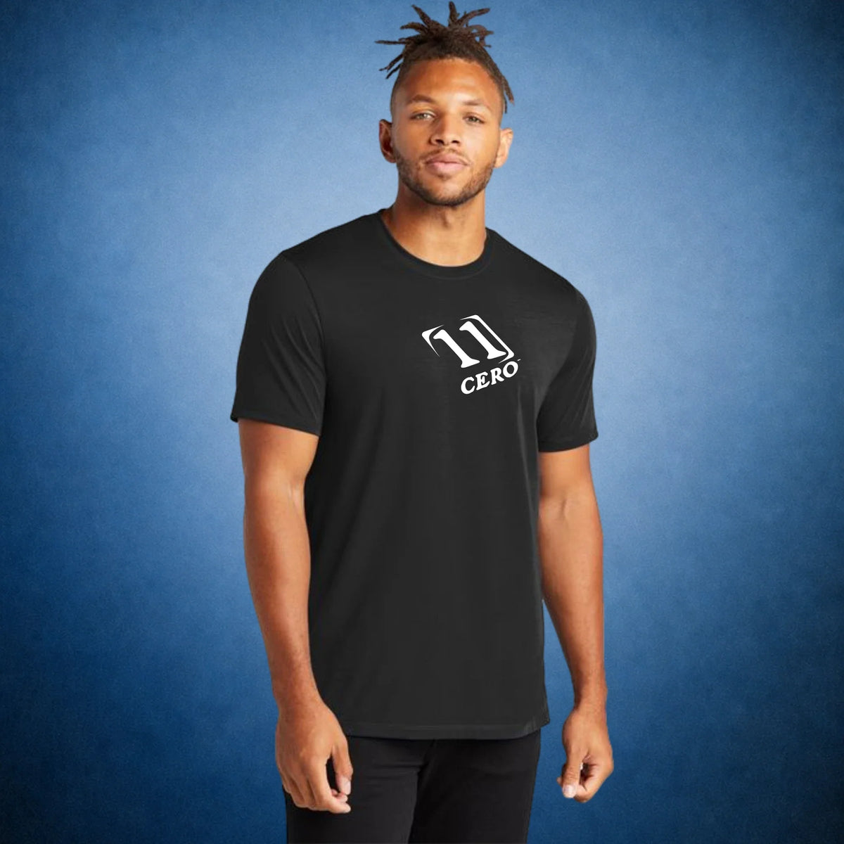 11 Cero Active Home Tee in Black, on model